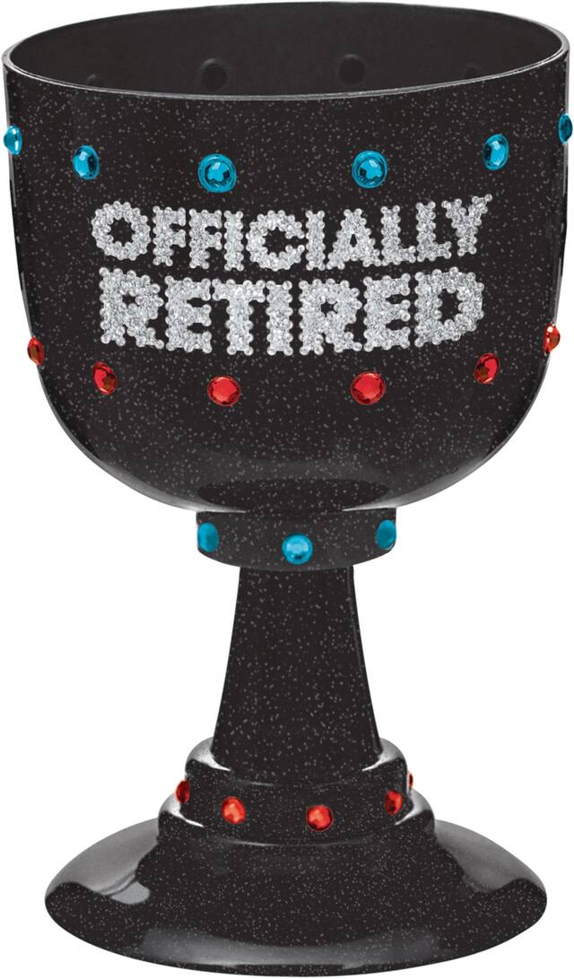 "Officially Retired" Plastic Reusable Goblet Cup, Black, 26-oz, for Retirement Party Front_Elevated