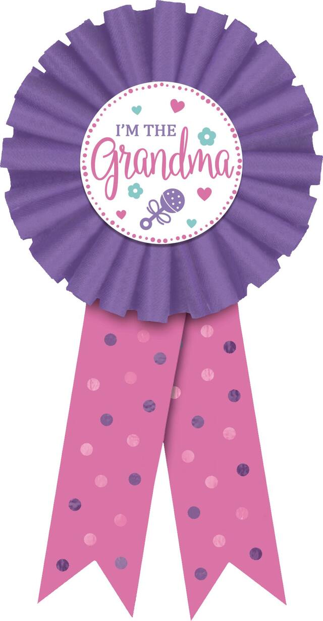 "I'm The Grandma" Award Ribbon, Purple/Pink Polka Dots, One Size, Wearable Accessory for Baby Shower/Gender Reveal Front_Flat