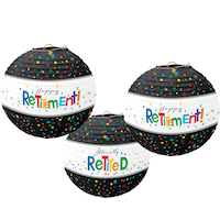 "Happy Retirement" Paper Lantern Hanging Decorations, Black/White, Polka Dot, 9.5-in, 3-pk, for Retirement Party Front_Flat