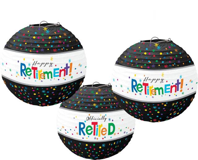 "Happy Retirement" Paper Lantern Hanging Decorations, Black/White, Polka Dot, 9.5-in, 3-pk, for Retirement Party Front_Flat
