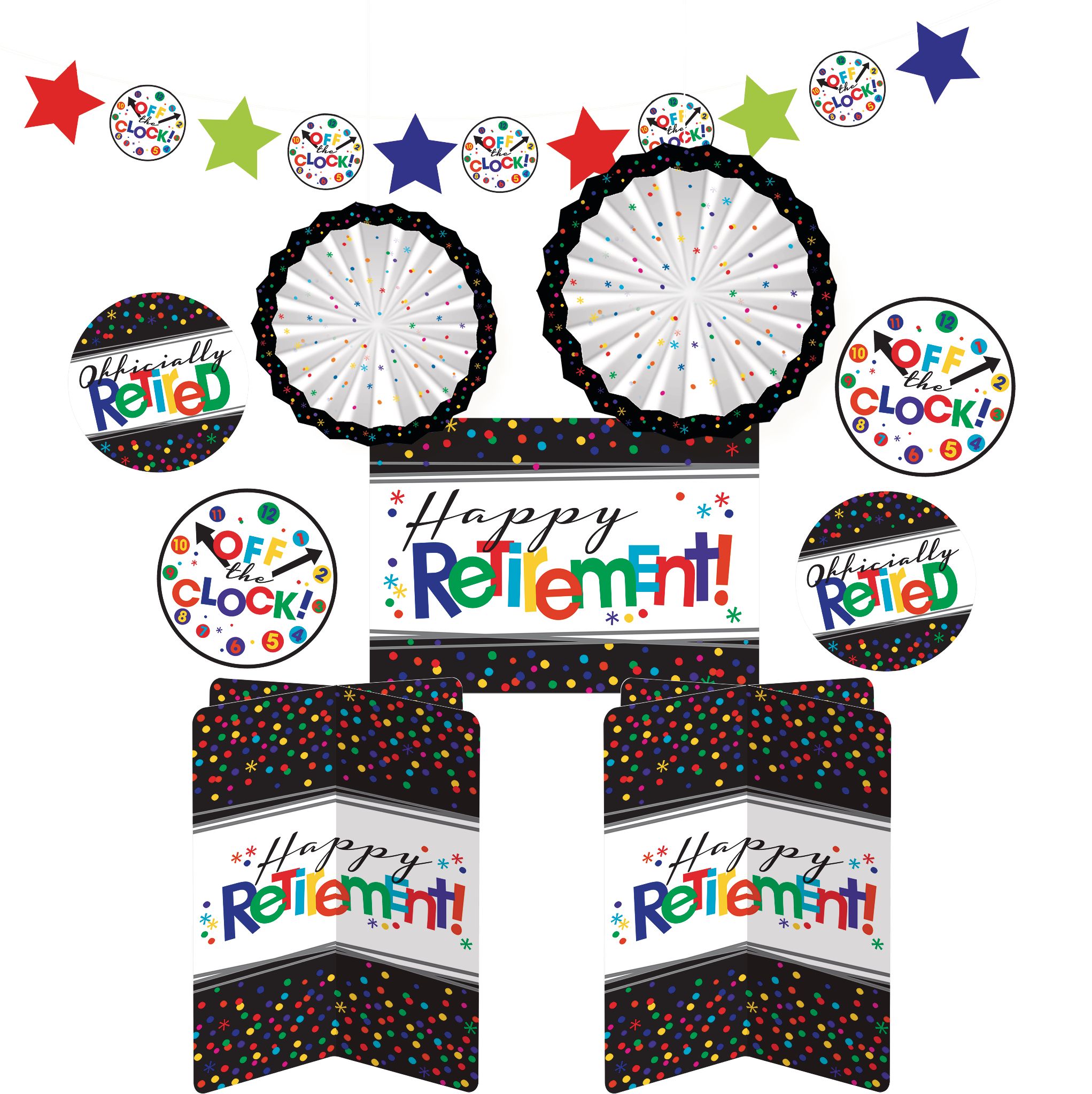 "Happy Retirement" Room & Table Centerpiece Decorating Kit, Multi-Coloured, 14-in, 10-pk, for Retirement Party Front_Flat
