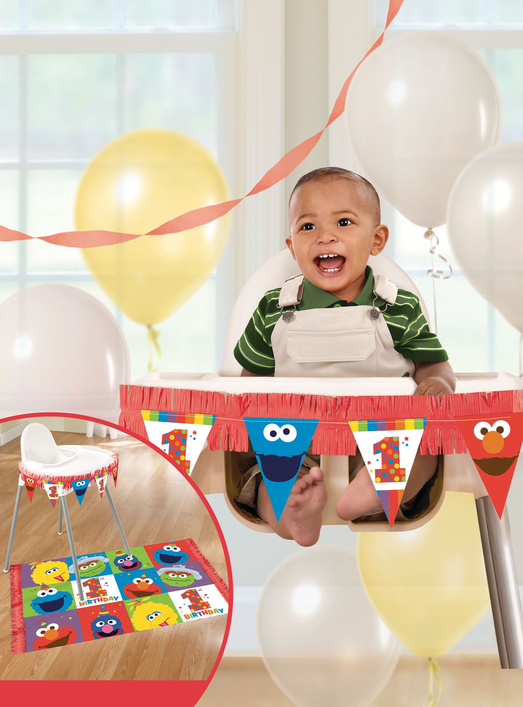 Sesame Street Elmo & Cookie Monster High Chair Pennant Hanging Sign Decoration and Plastic Mat, Red/Blue, 43-in, 2-pk, for Birthday Party Composite_or_Mixed