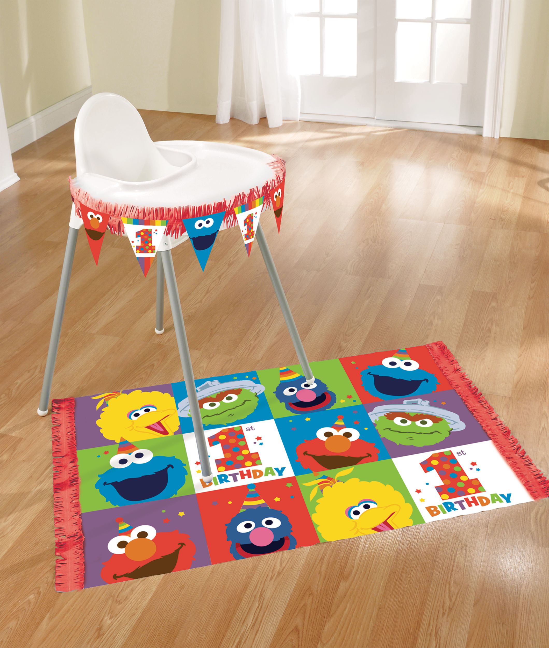 Sesame Street Elmo & Cookie Monster High Chair Pennant Hanging Sign Decoration and Plastic Mat, Red/Blue, 43-in, 2-pk, for Birthday Party Composite_or_Mixed