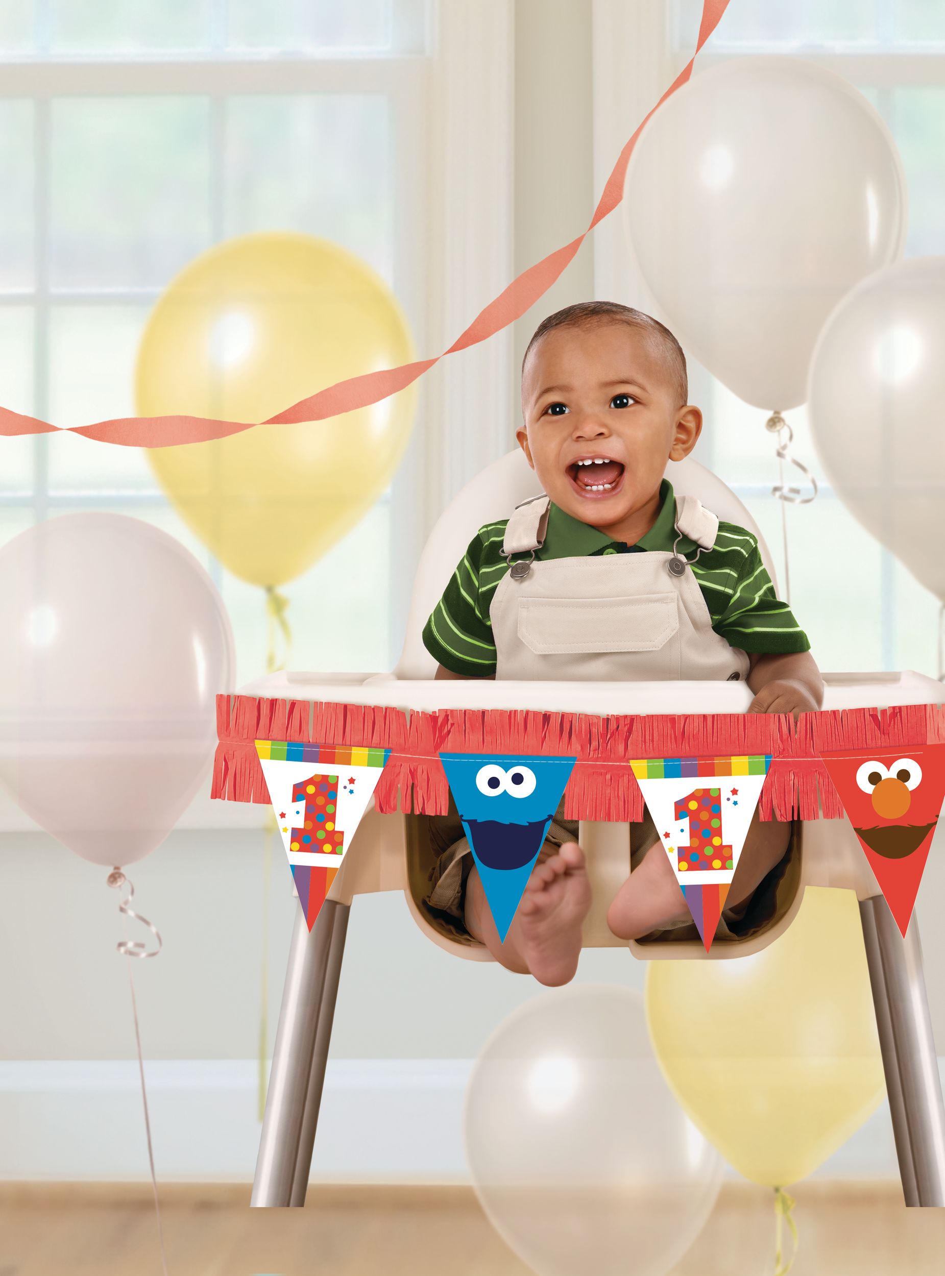 Sesame Street Elmo & Cookie Monster High Chair Pennant Hanging Sign Decoration and Plastic Mat, Red/Blue, 43-in, 2-pk, for Birthday Party Front_Flat