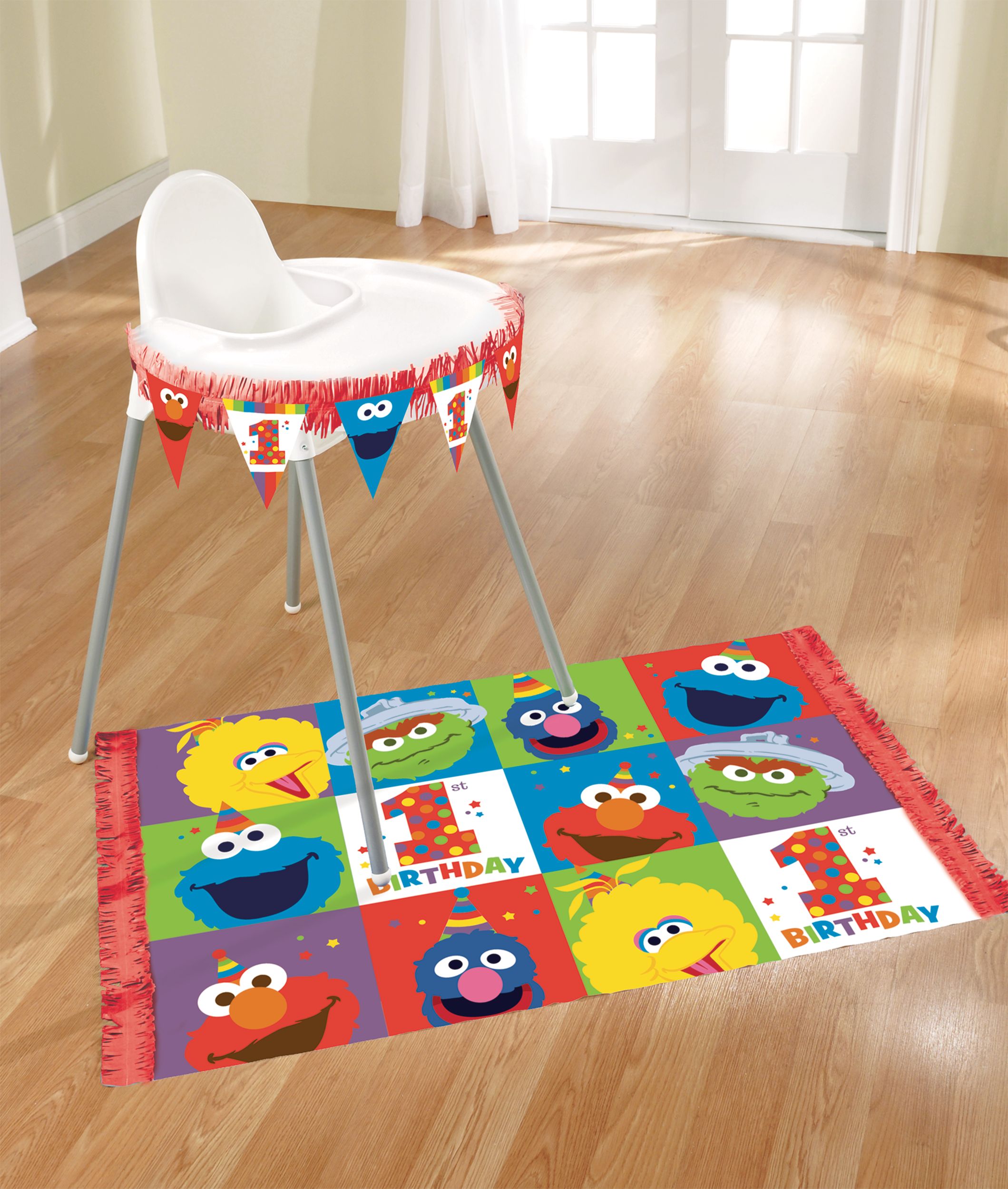 Sesame Street Elmo & Cookie Monster High Chair Pennant Hanging Sign Decoration and Plastic Mat, Red/Blue, 43-in, 2-pk, for Birthday Party Composite_or_Mixed