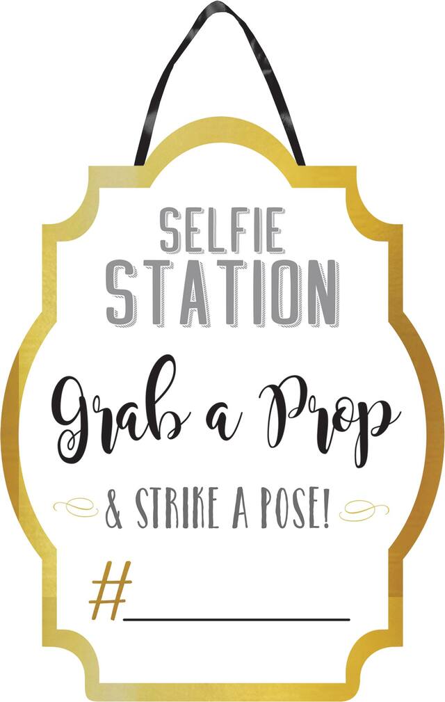 "Selfie Station" DIY Customizable Hanging Sign Decoration, Gold/White, 15-in, for Graduation/New Year's Eve/Birthday Front_Flat