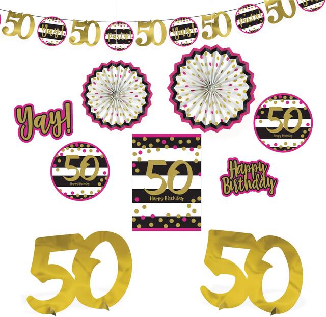 Pink & Gold 50th Birthday Room Decorating Kit, 10-pc Front_Flat
