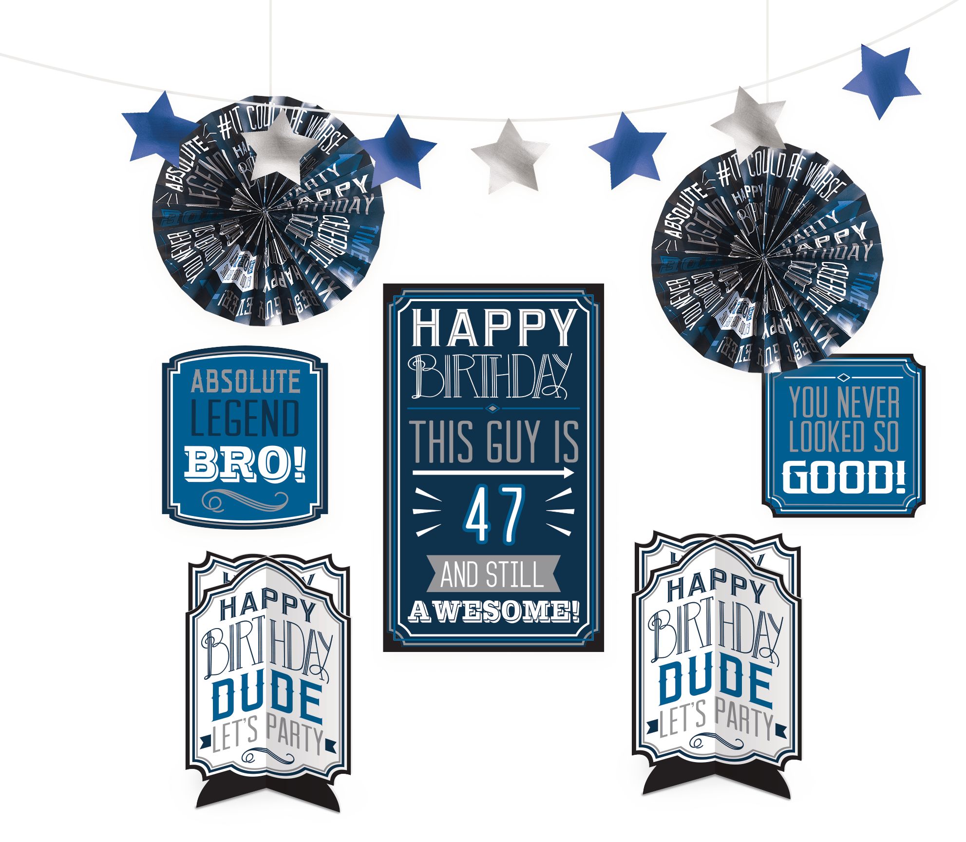 Vintage Birthday "Happy Birthday" Room & Table Centerpiece Decorating Kit, Navy, 12-in, 8-pk, for Birthday Party Front_Flat