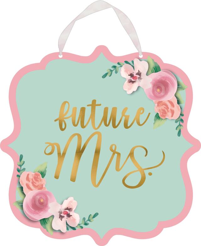 Mint to Be "Future Mrs" Hanging Sign Decoration, Pink/Mint, 13.5-in, for Wedding/Engagement/Bridal Shower Front_Flat