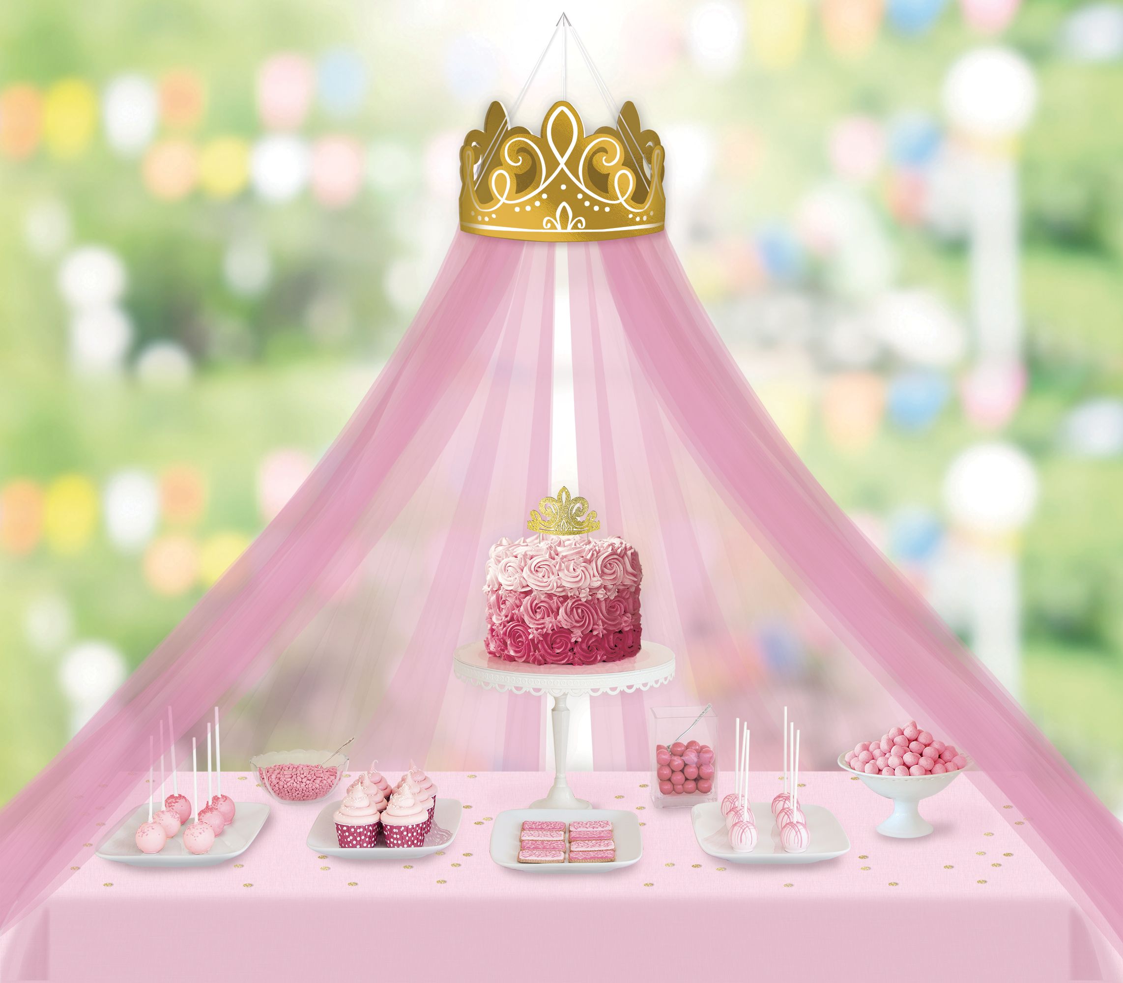 Disney Princess Once Upon A Time Canopy Tulle Table Centerpiee Decoration, Gold/Pink, 90-in, 4-pk, for Birthday Party Front_Flat