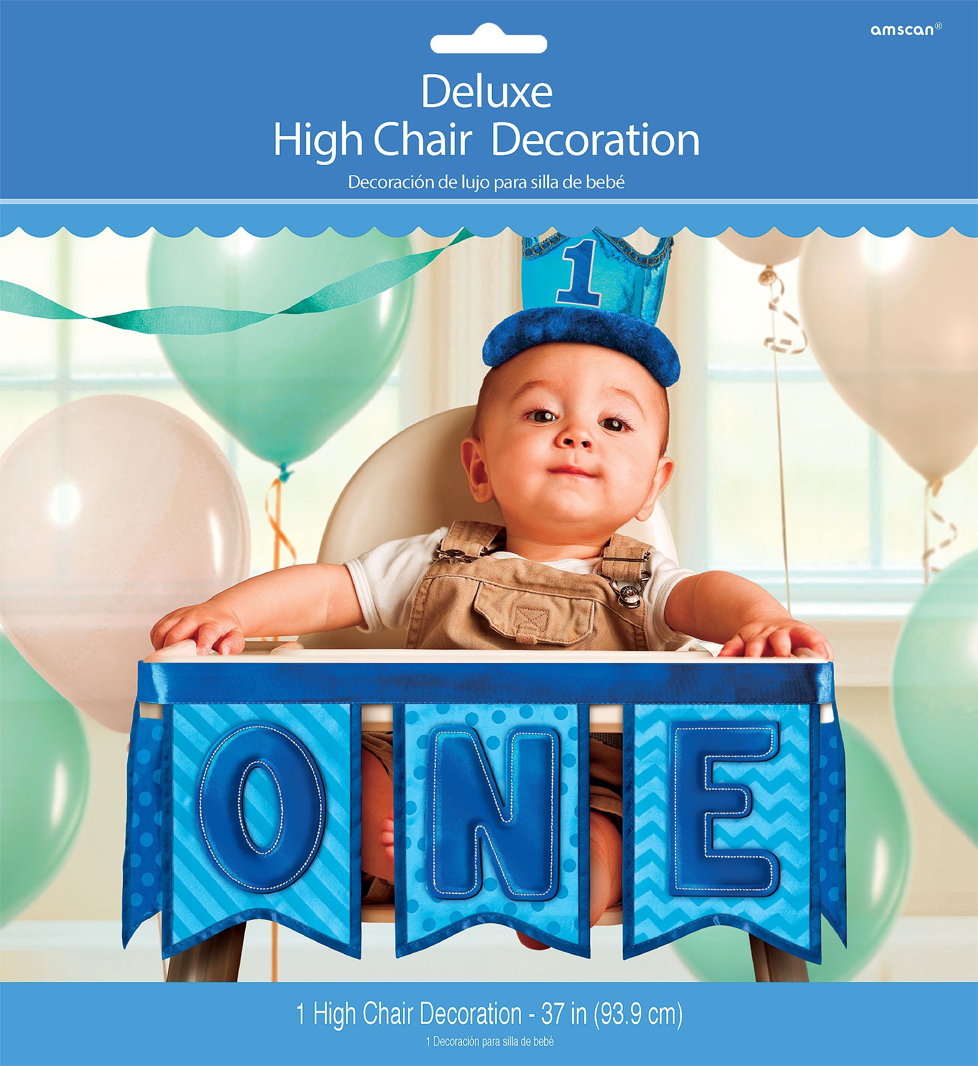1st Birthday Deluxe High Chair Banner Decoration, Blue Front_Flat