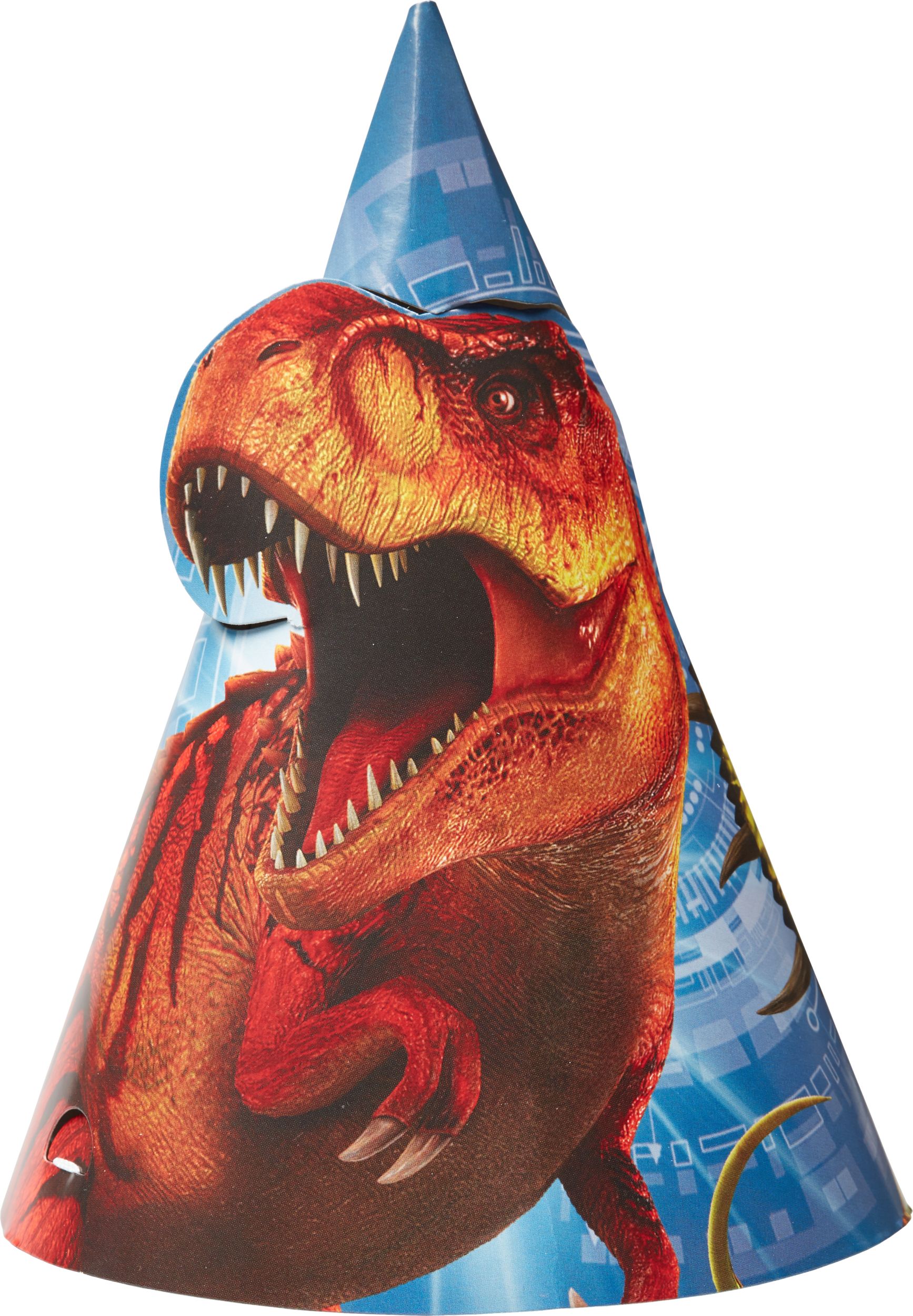 Jurassic World Dinosaur Cone Party Hats, Orange/Blue, One Size, 8-pk, Wearable Accessories for Birthdays Front_Flat