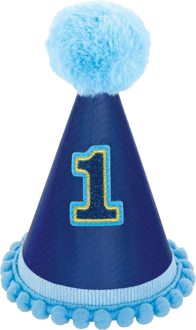 1st Birthday "1" Metallic Cone Party Hat, Blue, One Size, Wearable Accessory for Birthdays Front_Elevated