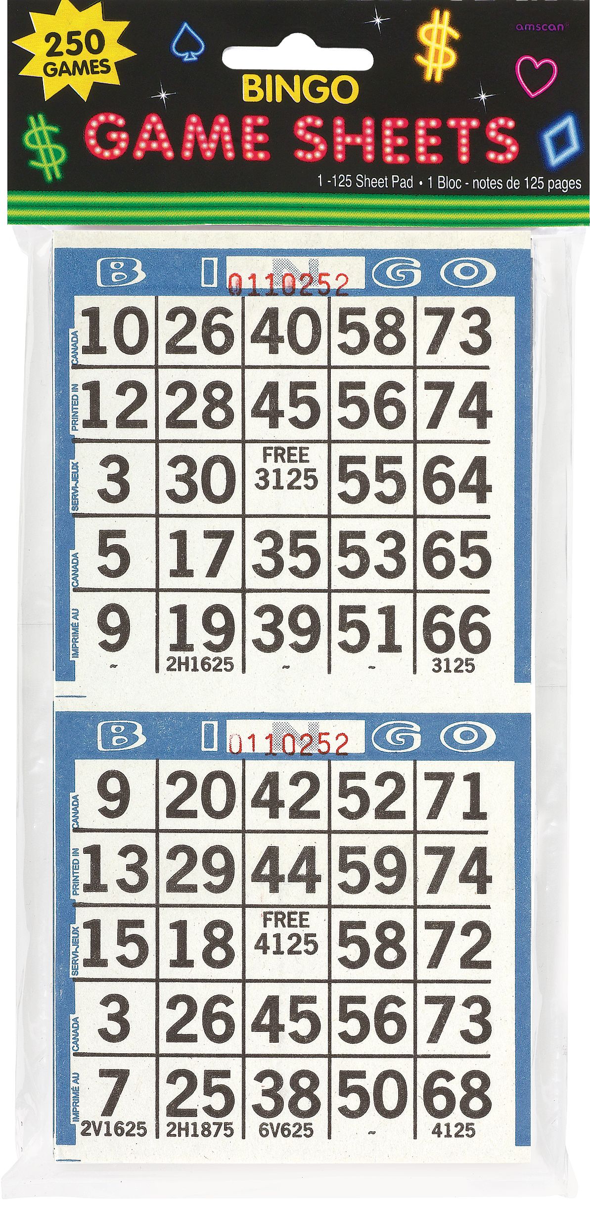 Bingo Game Sheets, Blue, 8-in, 125-pk, for Birthday Party Front_Flat