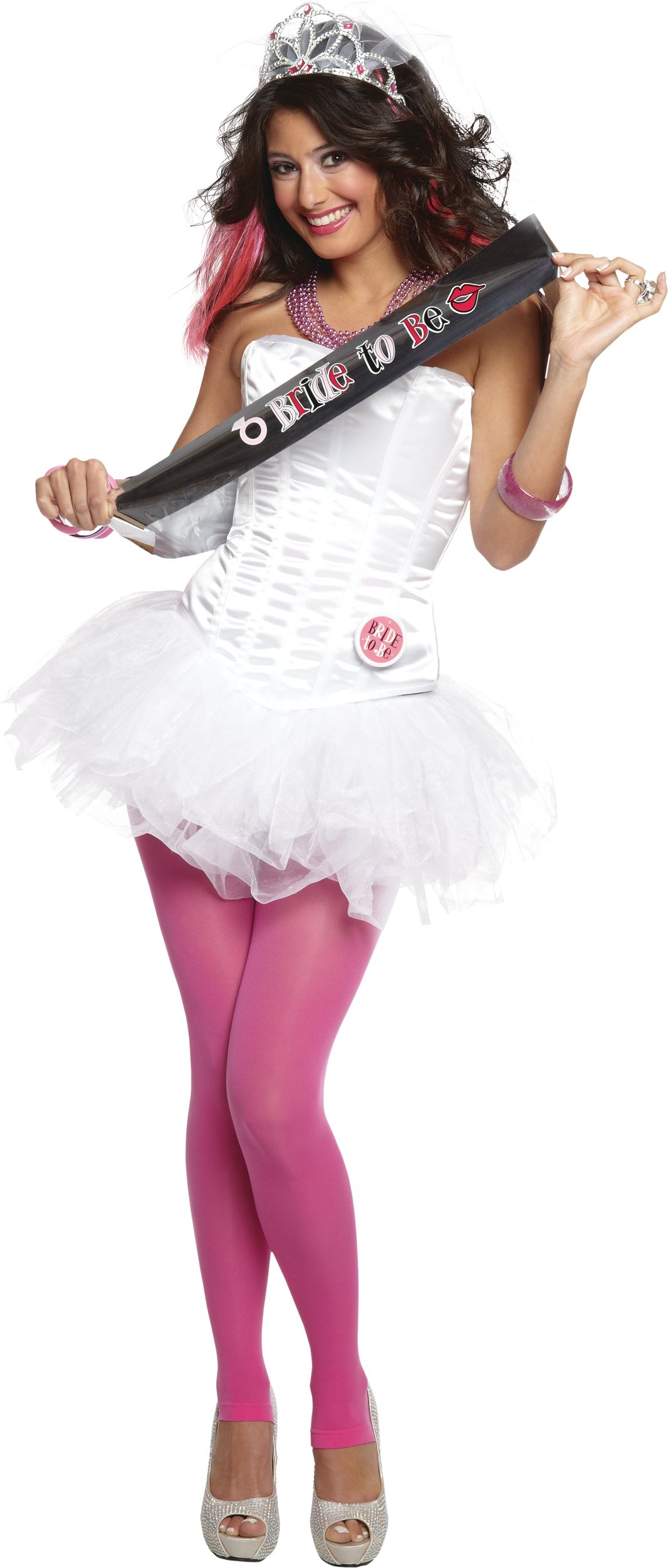 Rhinestone Heart Crown Tiara with Long Tulle Veil, Silver/Pink, One Size, Wearable Accessory for Wedding Shower/Bachelorette Front_Flat