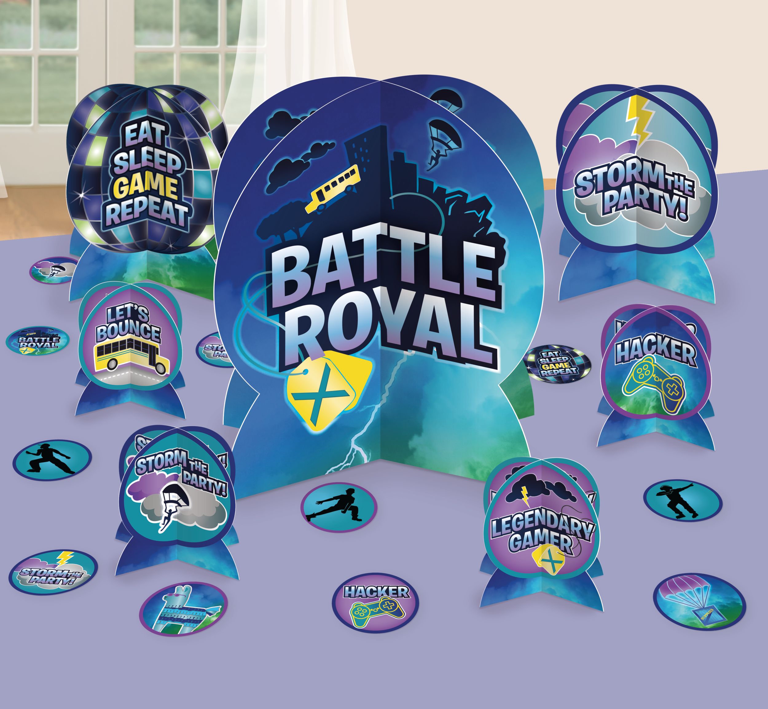 Battle Royal "Eat Sleep Game Repeat" Table Decorating Kit Centerpieces with Confetti, Blue/Purple, 12-in, 27-pk, for Birthday Party Front_Elevated