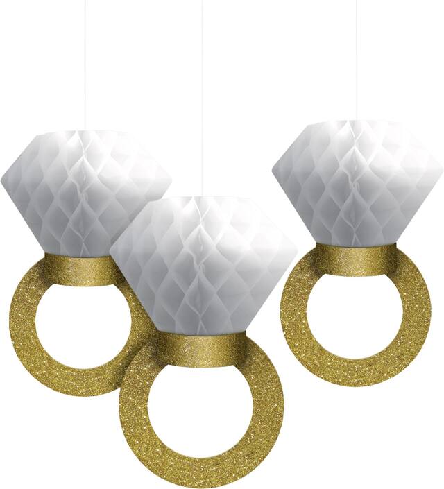 Honeycomb Diamond Ring Hanging Decorations, Gold/White, 12-in, 3-pk, for Engagement/Bachelorette/Wedding Front_Flat