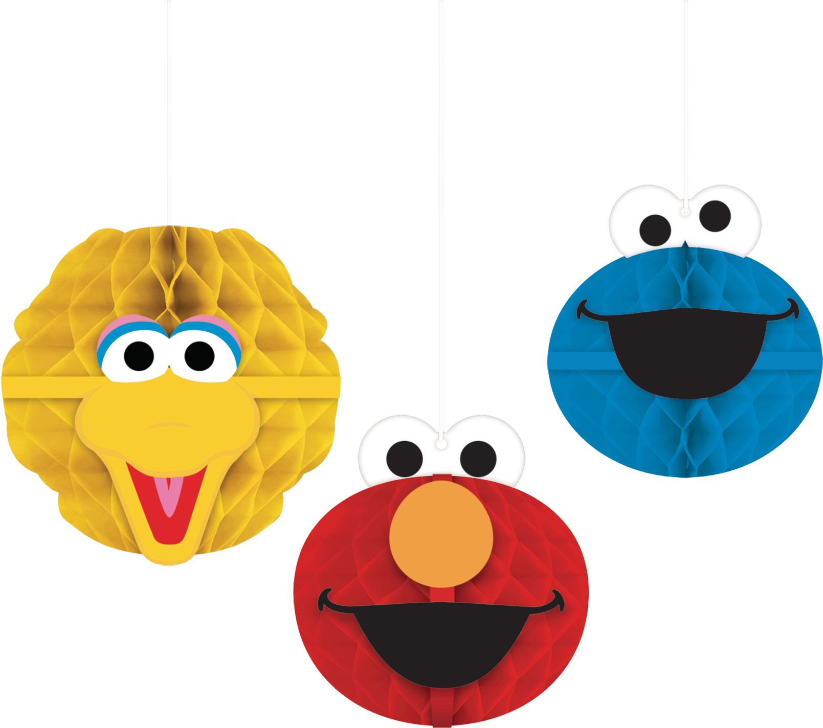 Décorations à suspendre alvéolées Sesame Street, Toccata/Elmo/Macaron, jaune, rouge, bleu, 7 po, paq. 3, pour fête d'anniversaire Front_Flat