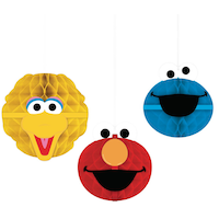 Sesame Street Big Bird/Elmo/Cookie Monster Honeycomb Hanging Decorations, Yellow/Red/Blue, 7-in, 3-pk, for Birthday Party