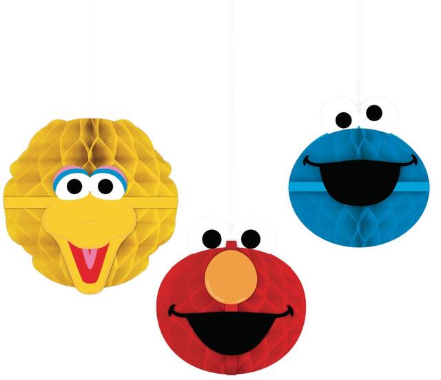Sesame Street Big Bird/Elmo/Cookie Monster Honeycomb Hanging Decorations, Yellow/Red/Blue, 7-in, 3-pk, for Birthday Party Front_Flat