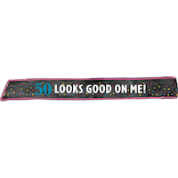 Milestone 50th Birthday Party Sash features "50 Looks Good on Me" Front_Flat