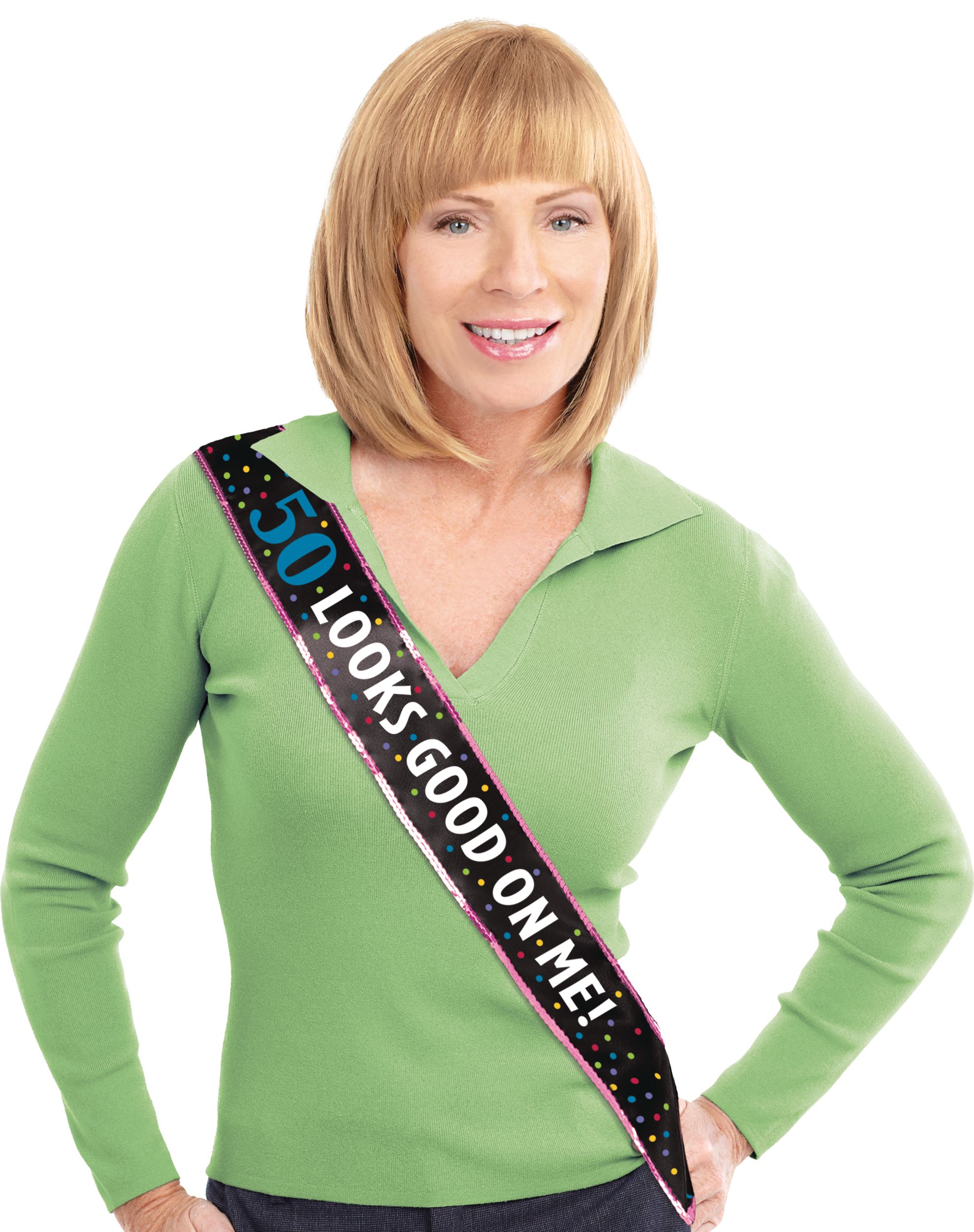 Milestone 50th Birthday Party Sash features "50 Looks Good on Me" Front_Flat