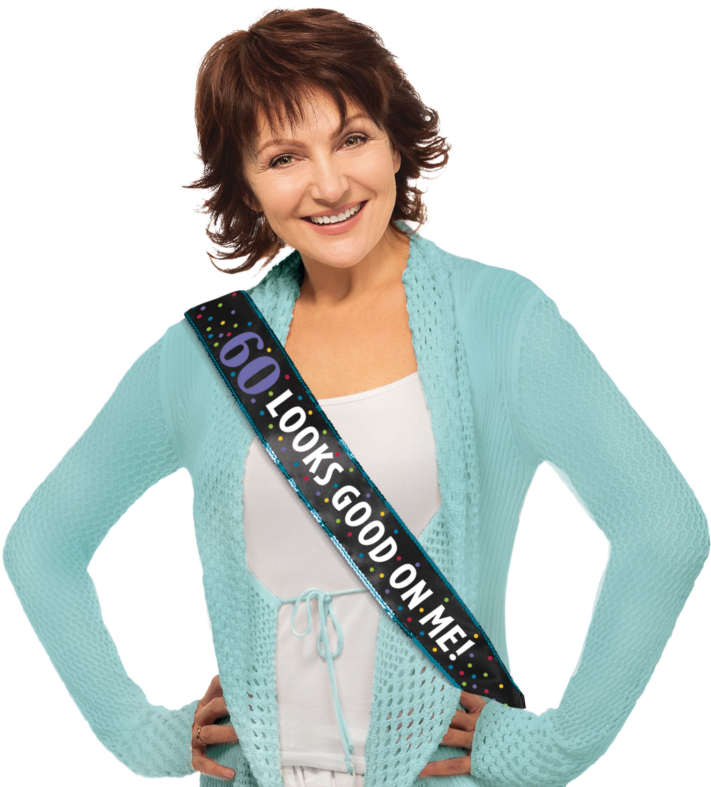 Milestone 60th Birthday Party Sash features "60 Looks Good on Me" Front_Flat