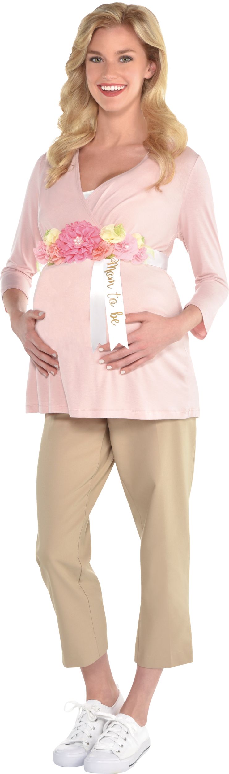 Écharpe Mom To Be à motif à fleurs, blanc/rose, taille unique, accessoire portable pour fête prénatale/dévoilement du sexe de bébé Front_Angled_Left