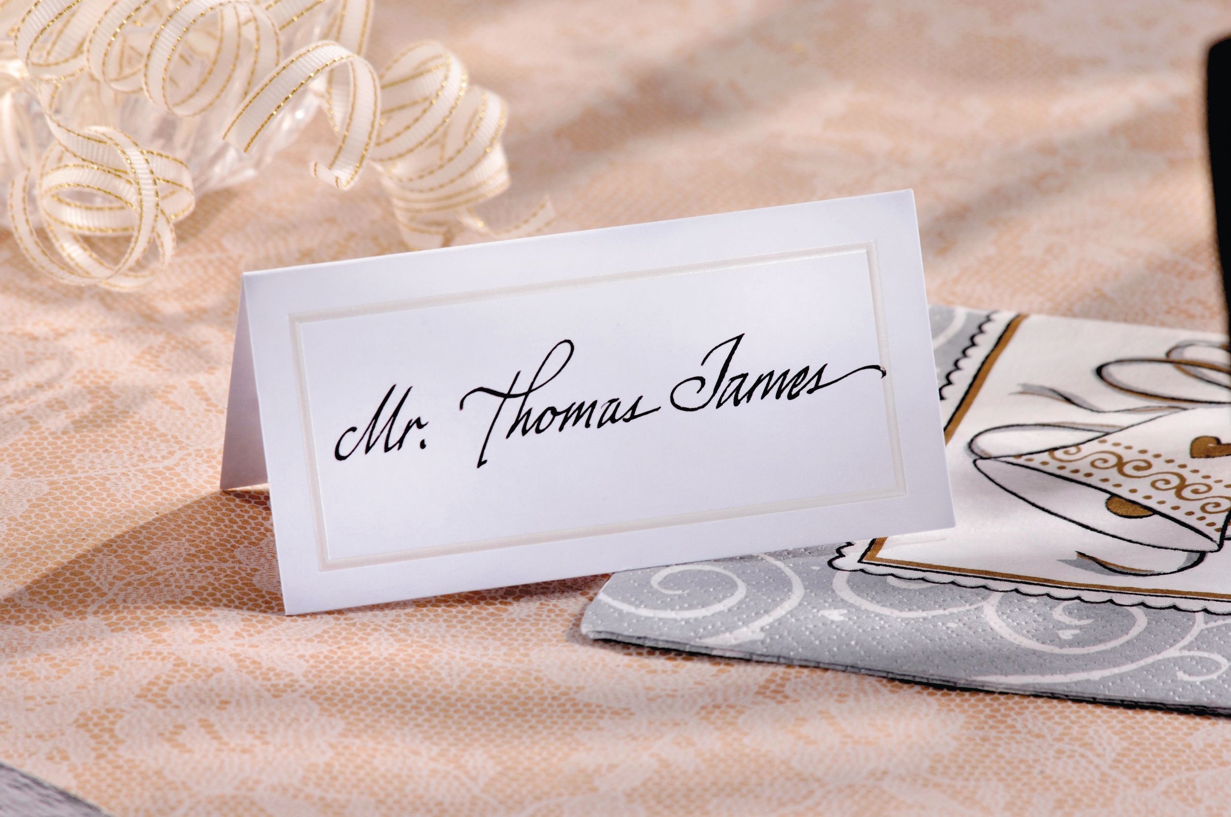 Name Table Pearlized Border Place Cards, White, 50-pk, for Wedding/Anniversary Front_Angled_Right
