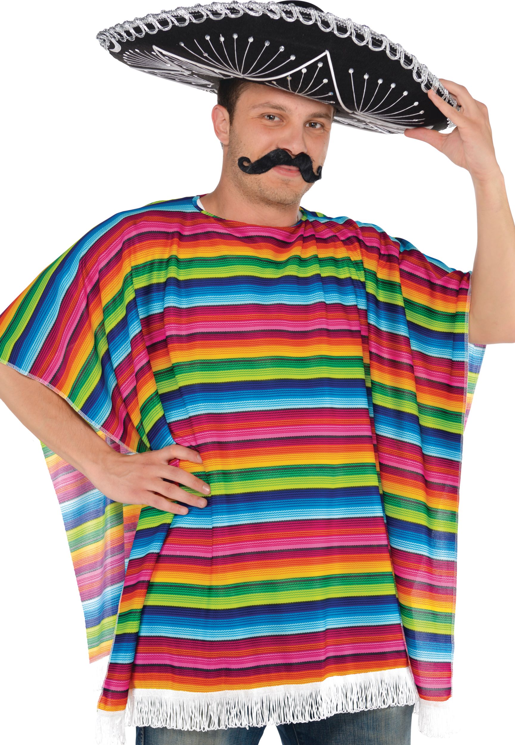 Sarape de fiesta à bordure à franges, multicolore, taille unique, accessoire de costume prêt-à-porter pour l'Halloween Front_Angled_Right