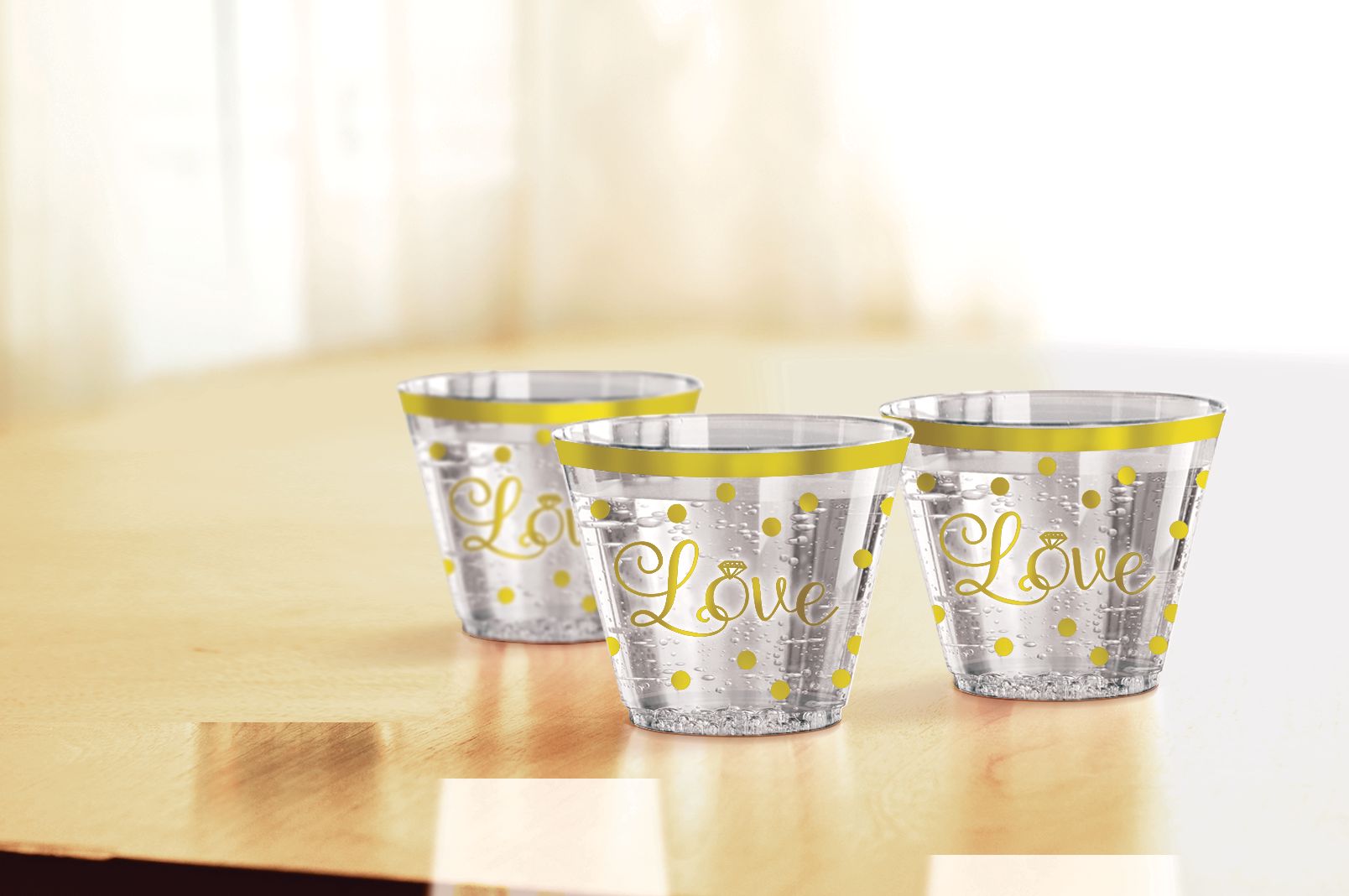 "Love" Plastic Reusable Tumbler Cups, Clear/Gold, Polka Dot, 9-oz, 30-pk, for Engagement/Wedding/Reusable Bridal Shower Cups Front_Elevated