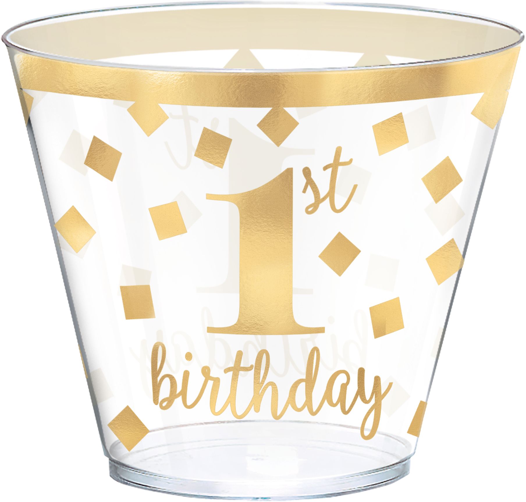Gobelets en plastique 1er&nbsp;anniversaire, transparent avec motif de confettis dorés métallisés, 9&nbsp;oz, paq. 30 Front_Elevated