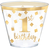Gobelets en plastique 1er anniversaire, transparent avec motif de confettis dorés métallisés, 9 oz, paq. 30 Front_Elevated