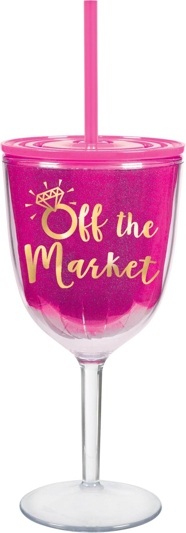 "Off the Market" Plastic Reusable Wine Tumbler with Straw, Pink, 12-oz, for Engagement/Bachelorette/Bridal Shower Front_Flat