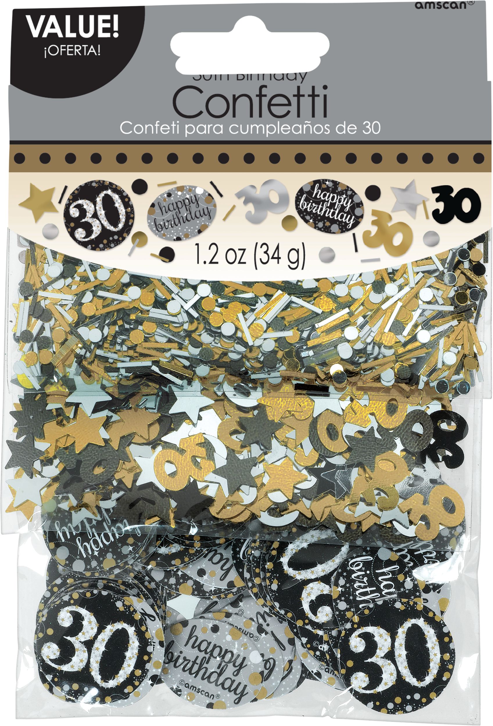 Sparkling Celebration "30 Happy Birthday" Confetti Table Scatter Decoration, Black/Silver/Gold, Polka Dots, 1.2-oz, for Birthday Party Front_Flat