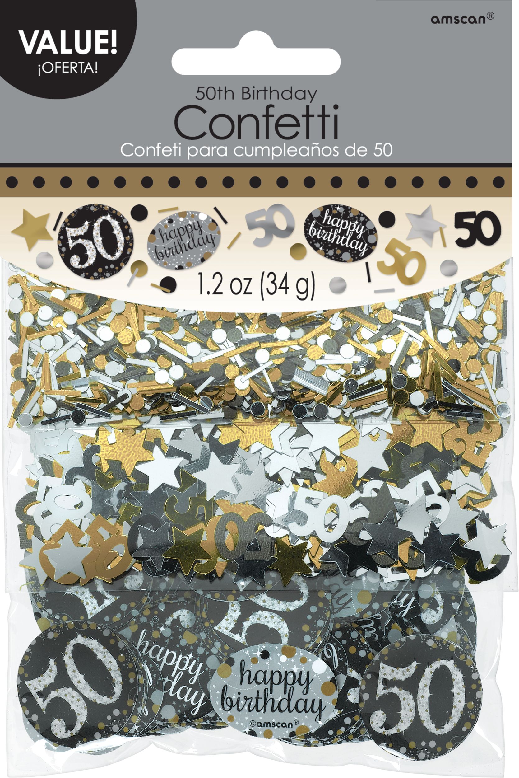 Sparkling Celebration "50 Happy Birthday" Round Confetti & Grass Paper Shred Decoration, Black/Silver/Gold, Polka Dots, 1.2-oz, for Birthday Party Front_Flat