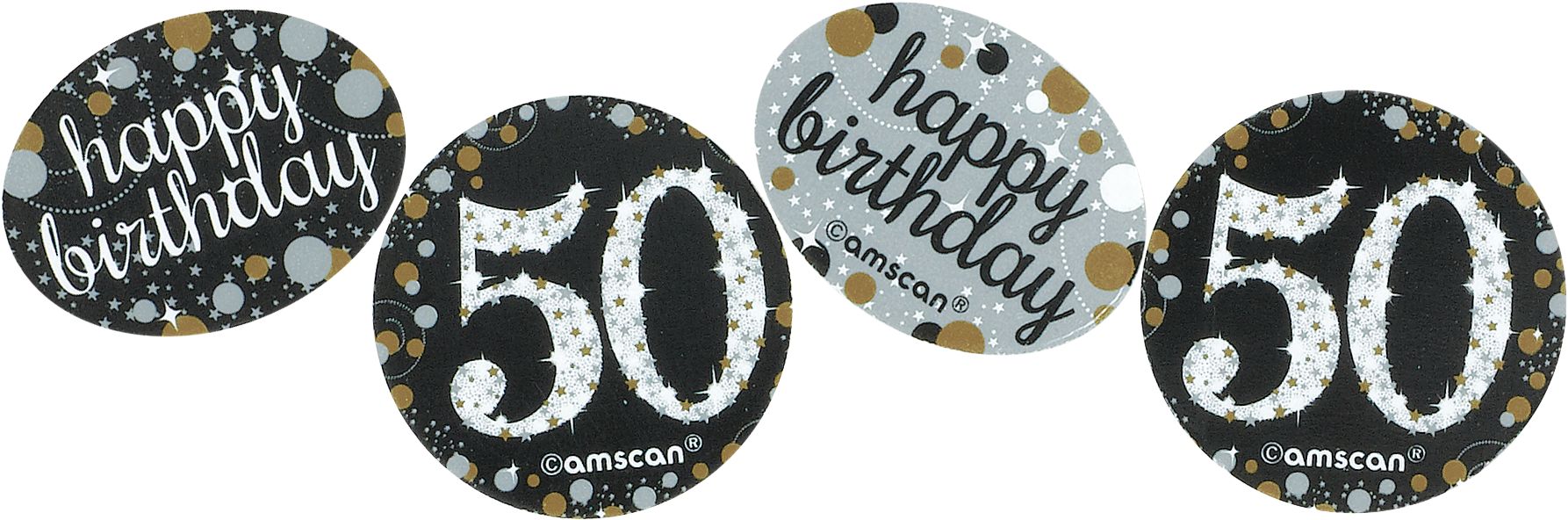 Sparkling Celebration "50 Happy Birthday" Round Confetti & Grass Paper Shred Decoration, Black/Silver/Gold, Polka Dots, 1.2-oz, for Birthday Party Front_Flat