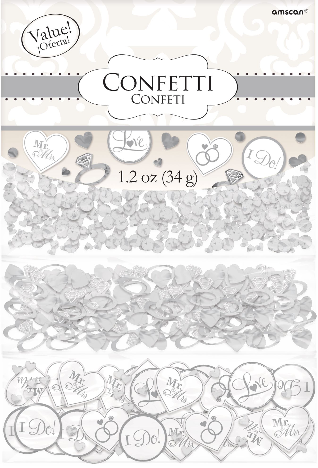 "I Do" Hearts/Rings/Circles Confetti Table Scatter Decoration, Silver, 1.2-oz, for Wedding/Engagement Front_Flat