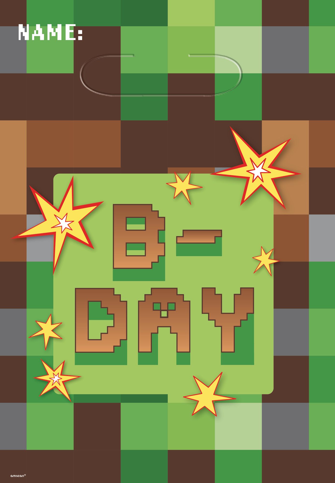 Pixel Party "B-Day" Paper Gift Bags, Green/Brown, 8-in, 8-pk, for Birthday Party Front_Flat