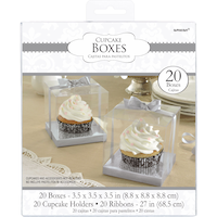 Square Individual Cupcake Treat Party Boxes, Silver/Clear, 3.5-in, 20-pk, for Carrying Cake/Cupcakes/Cookies/Baked Goods