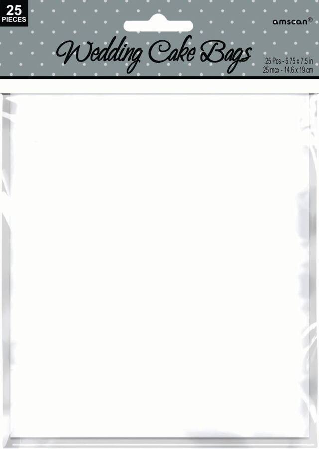Rectangle Wedding Cake Paper Party Treat Bags, White, 7.5-in, 24-pk, for Wedding Front_Flat
