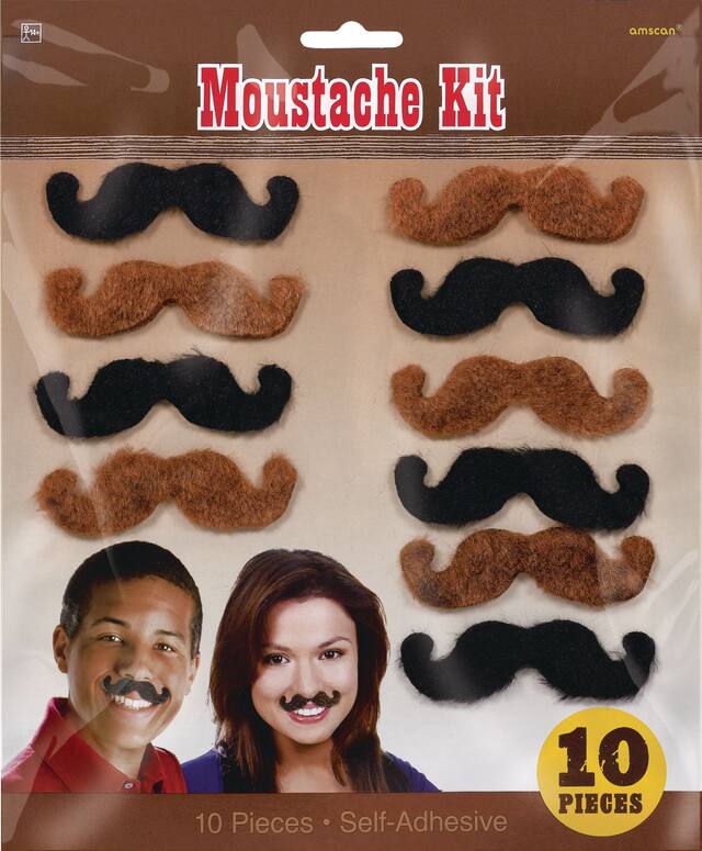 Self-Adhesive Western Moustaches, Black/Brown, One Size, 10-pk, Wearable Costume Accessories for Halloween Front_Flat