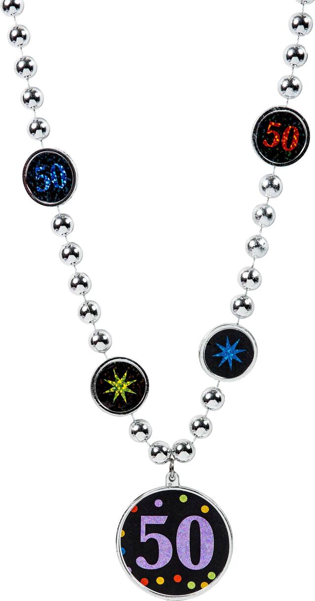 Milestone 50th Birthday Pendant Beaded Necklace Jewelry, Silver/Black, 30-in, Wearable Accessory for Birthdays Front_Flat
