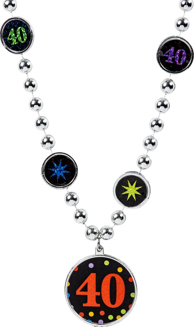 Milestone 40th Birthday Pendant Beaded Necklace Jewelry, Silver/Black, 30-in, Wearable Accessory for Birthdays Front_Flat