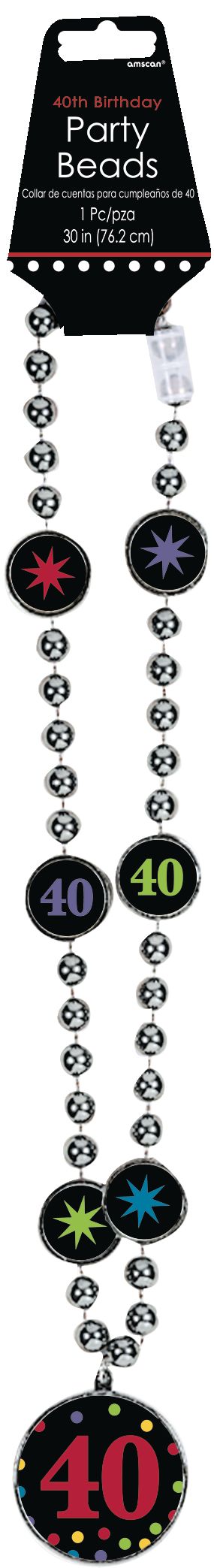 Milestone 40th Birthday Pendant Beaded Necklace Jewelry, Silver/Black, 30-in, Wearable Accessory for Birthdays Front_Flat