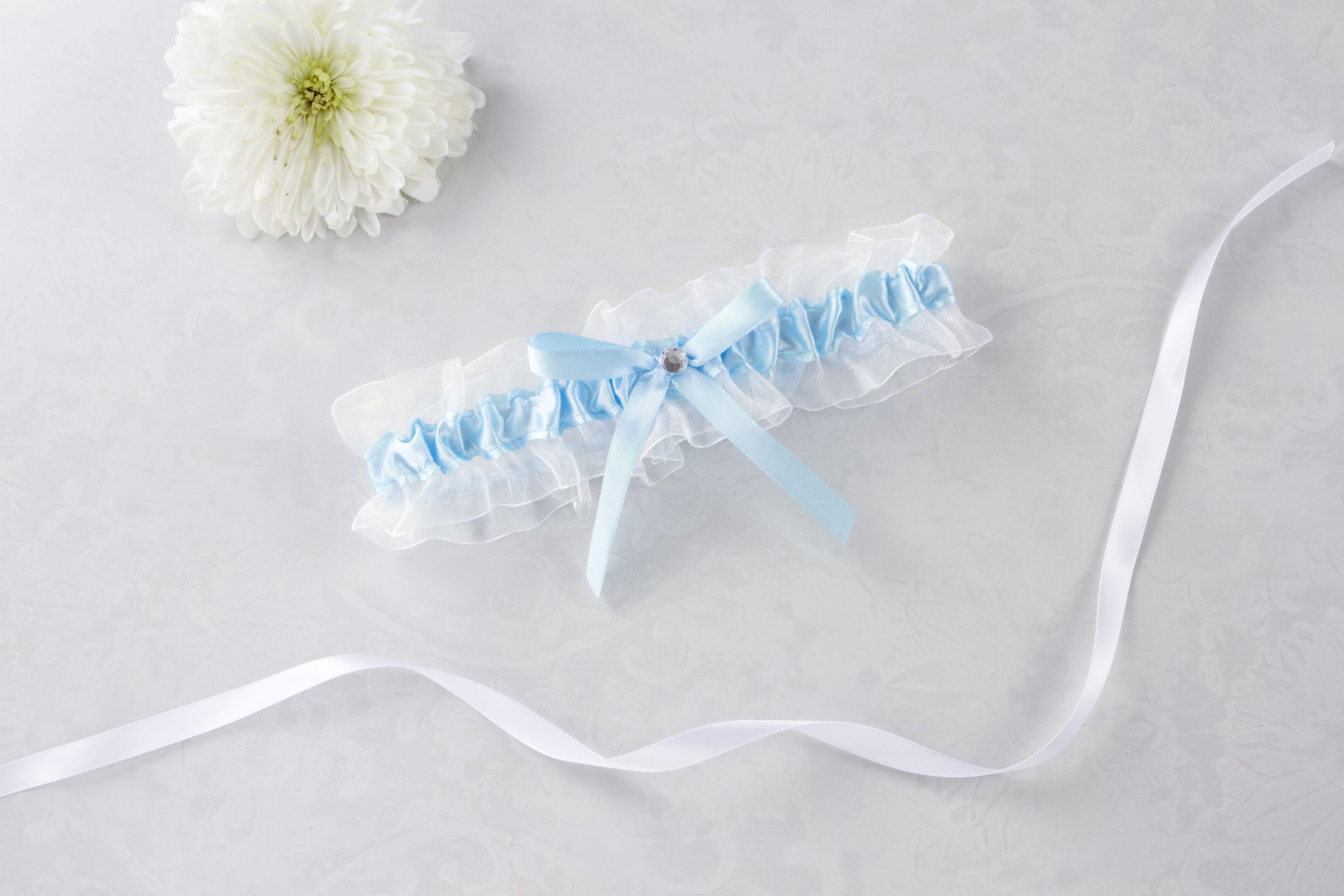 Organza Wedding Garter, White/Blue Overhead_Flat