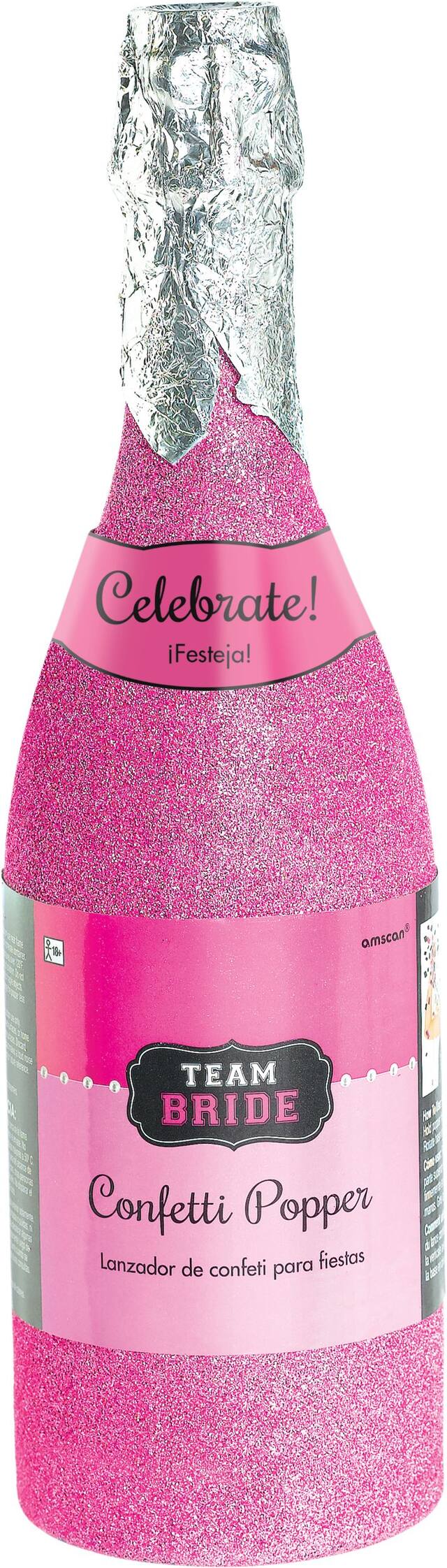 "Team Bride" Champagne Bottle Confetti Cannon Popper, Pink/Silver, for Bachelorette Party/Bridal Shower Front_Flat