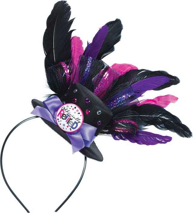 Chapeau bibi à plumes Officially Retired, bonne retraite, noir/rose/violet, taille unique, accessoire à porter pour la retraite Front_Flat