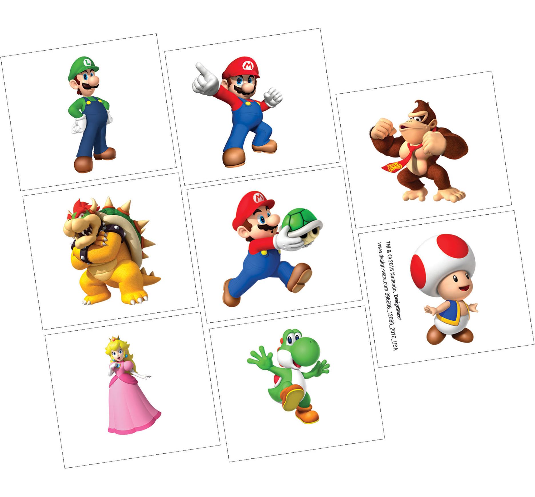 Tatouages temporaires variés Mario/Luigi/Donkey Kong de Nintendo Super Mario Bros, multicolore, paq. 8, cadeaux-surprises à porter pour anniversaires Overhead_Flat