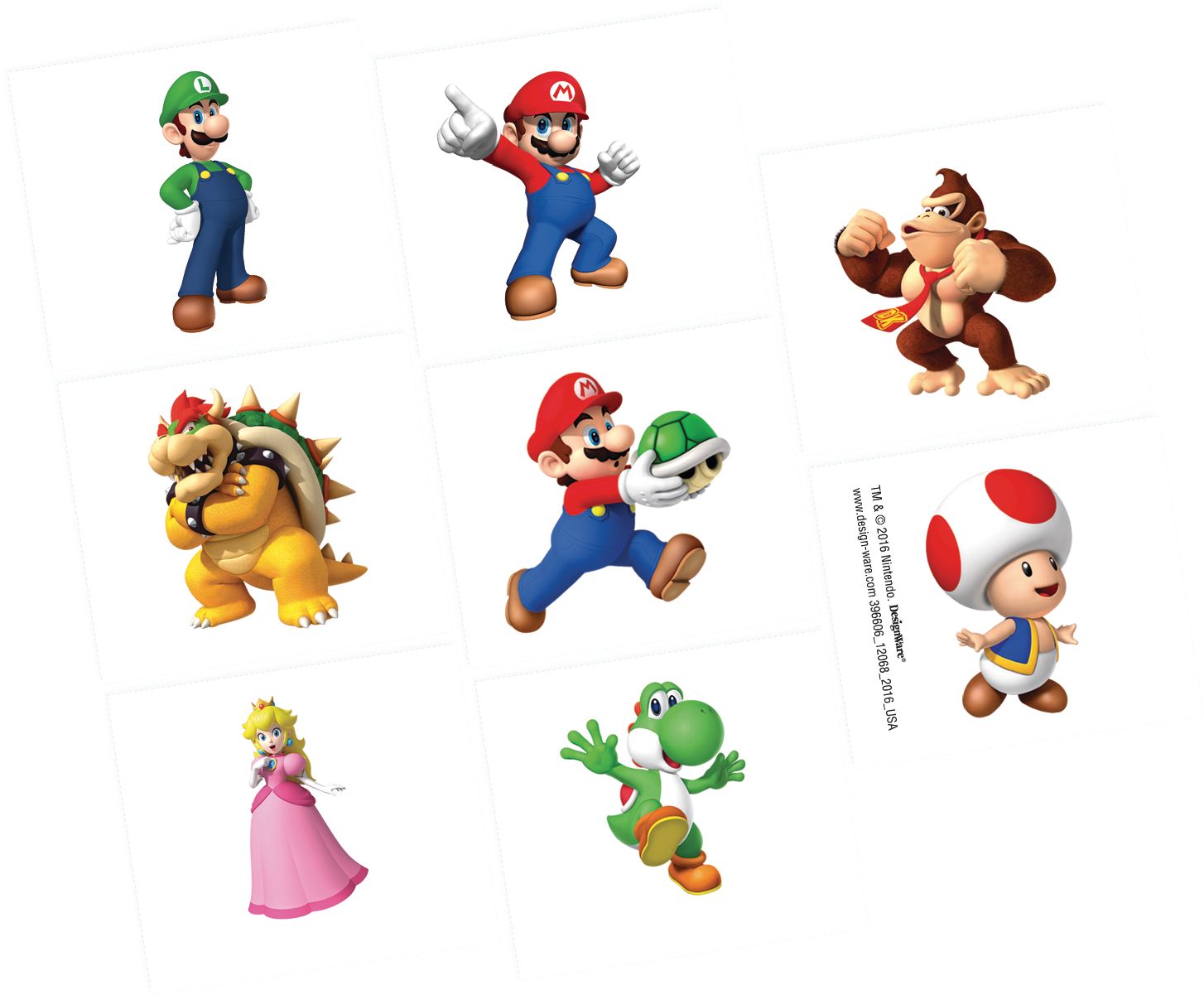Tatouages temporaires variés Mario/Luigi/Donkey Kong de Nintendo Super Mario Bros, multicolore, paq. 8, cadeaux-surprises à porter pour anniversaires Overhead_Flat